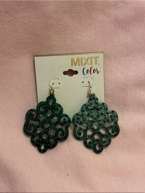 Mixit Dark Green Filigree Dangle Earrings with Gold Hooks